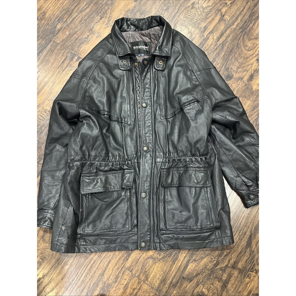 Stratojac Black Leather Jacket Long Heavy Lined Men's Winter Coat Sz XXL